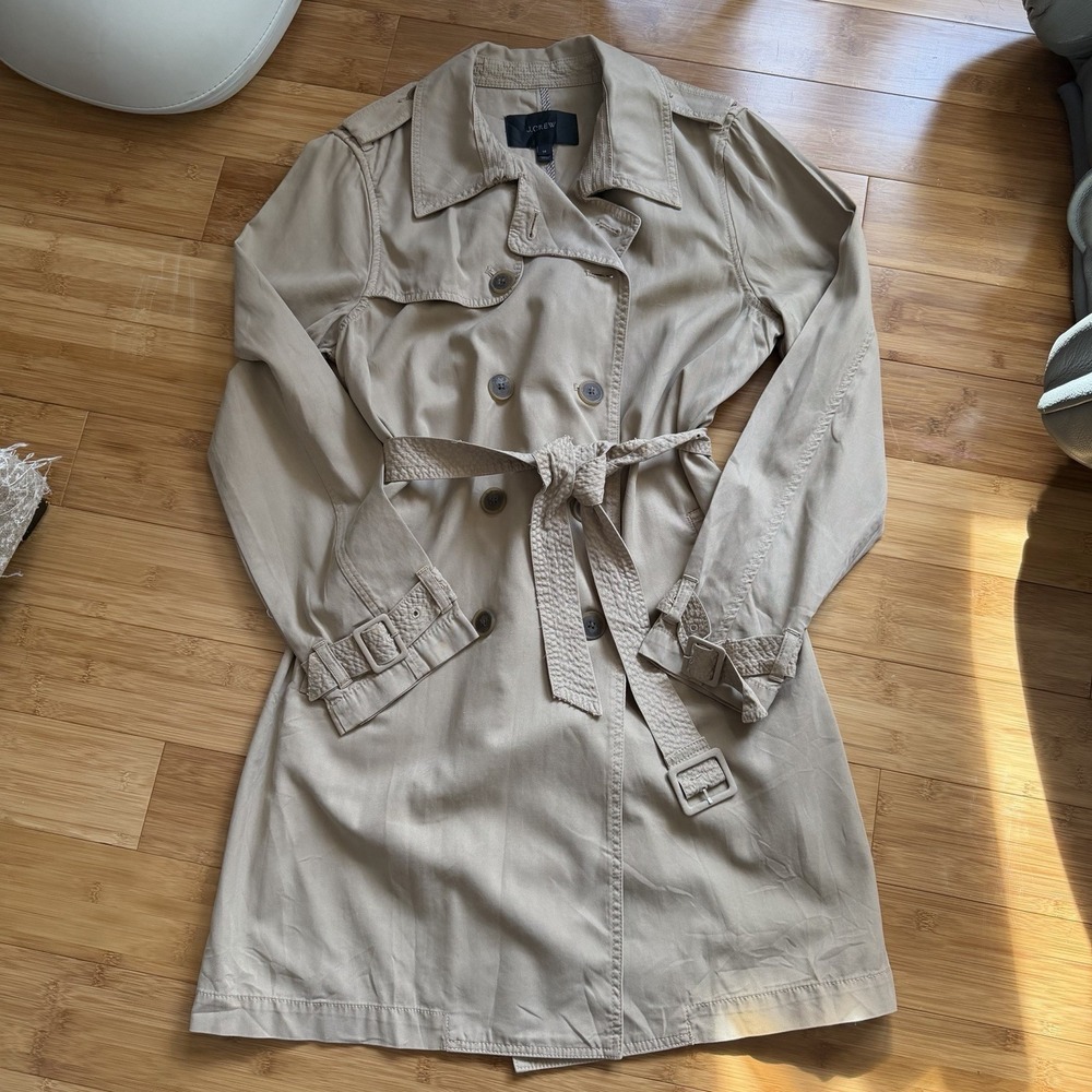 J.Crew Trench Coat Womens 14 Tan Belted Double Breasted Classic Lightweight